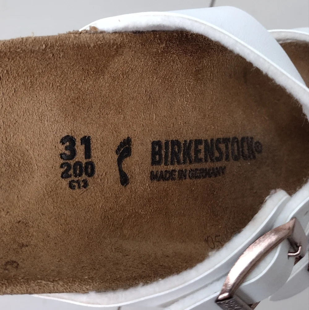 Birkenstock Kids White Two-Strap Cork Footbed Sandals with Rose Gold Buckles